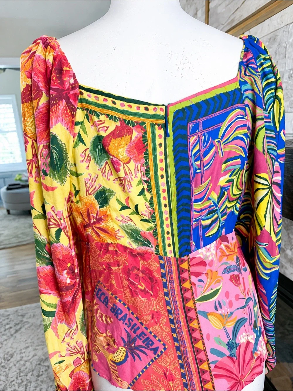 FARM Rio Patchwork Corset Puff Sleeve Blouse M Beaded Tassel